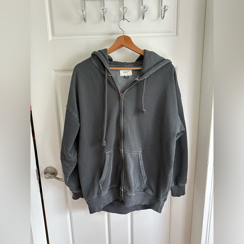 American Eagle Oversized Zip Hoodie Dark Grey Sherpa lining inside Size XS